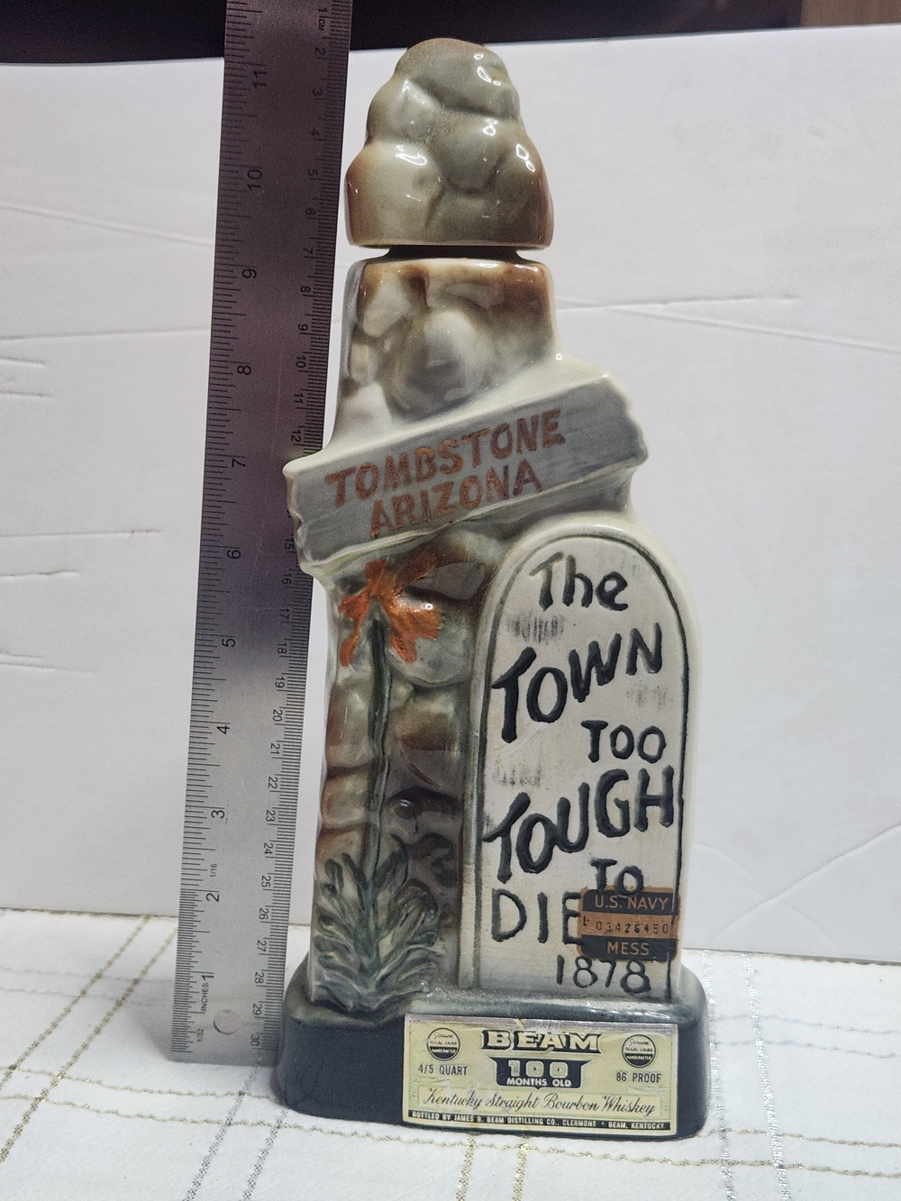 Jim Beam Collectible Tombstone Decanter - Brown/Beige Ceramic Home Accent
